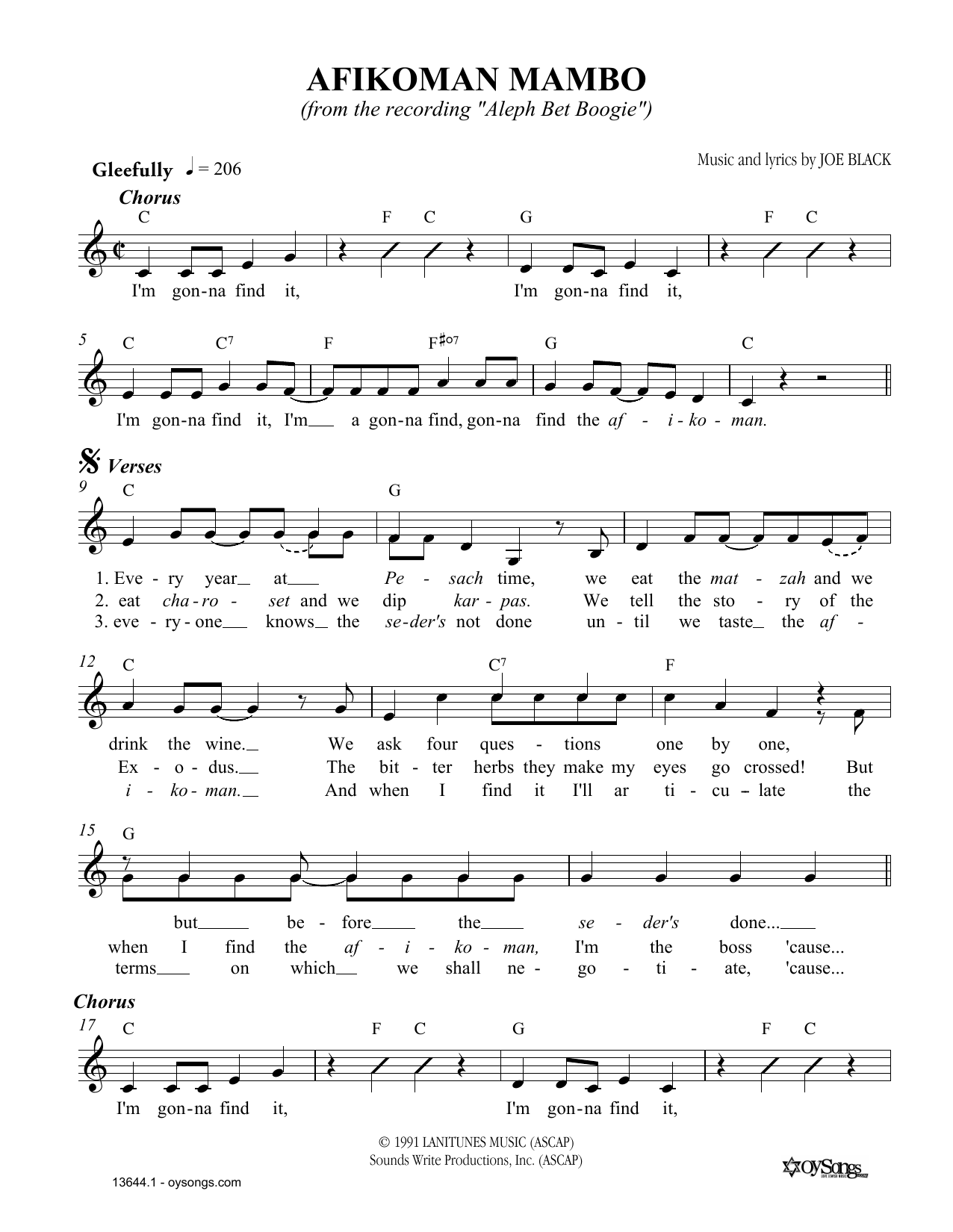 Download Joe Black Afikoman Mambo Sheet Music and learn how to play Melody Line, Lyrics & Chords PDF digital score in minutes