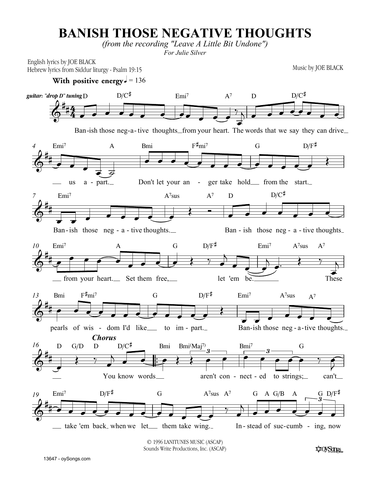 Download Joe Black Banish Those Negative Thoughts Sheet Music and learn how to play Melody Line, Lyrics & Chords PDF digital score in minutes