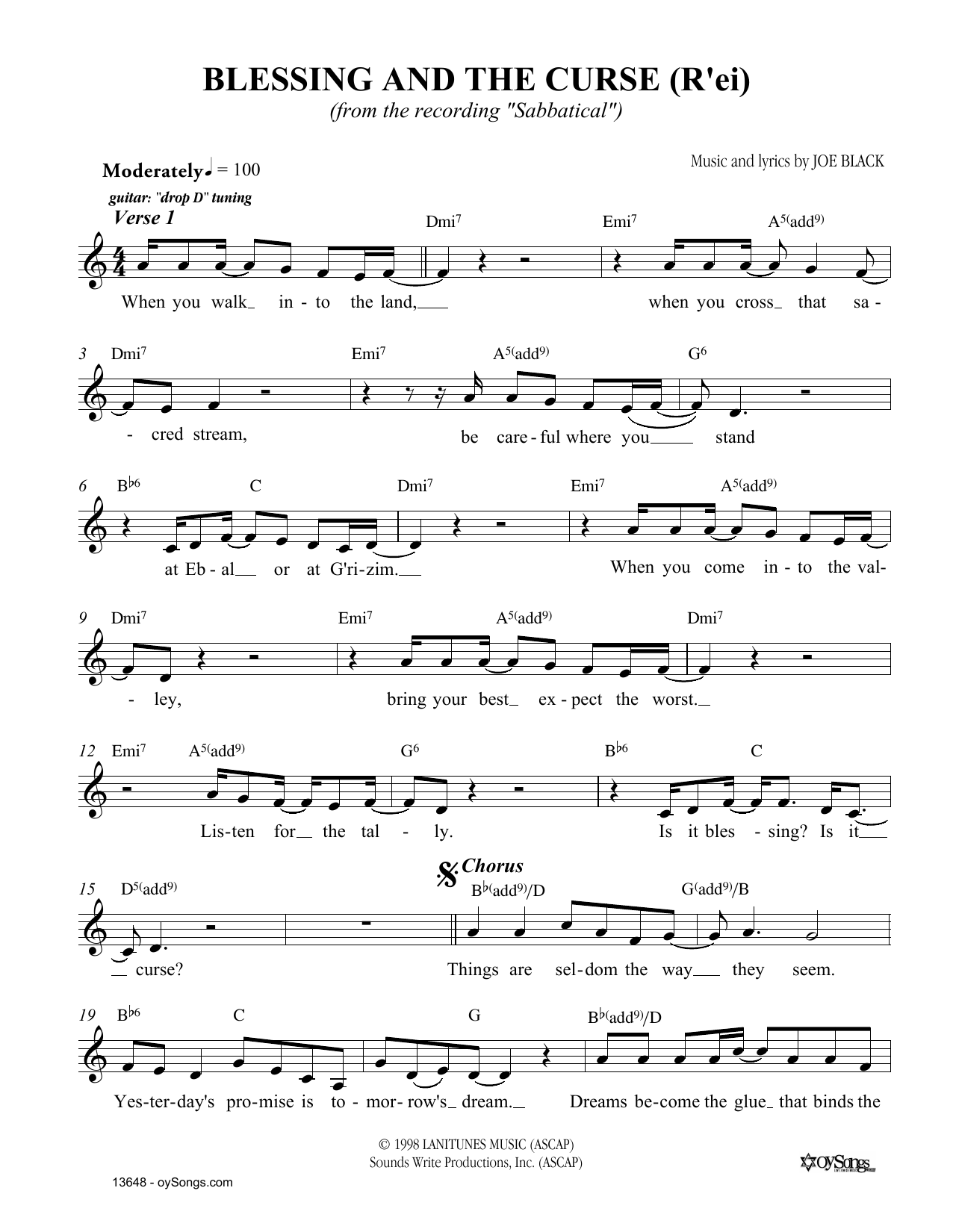 Download Joe Black Blessing and the Curse Sheet Music and learn how to play Melody Line, Lyrics & Chords PDF digital score in minutes