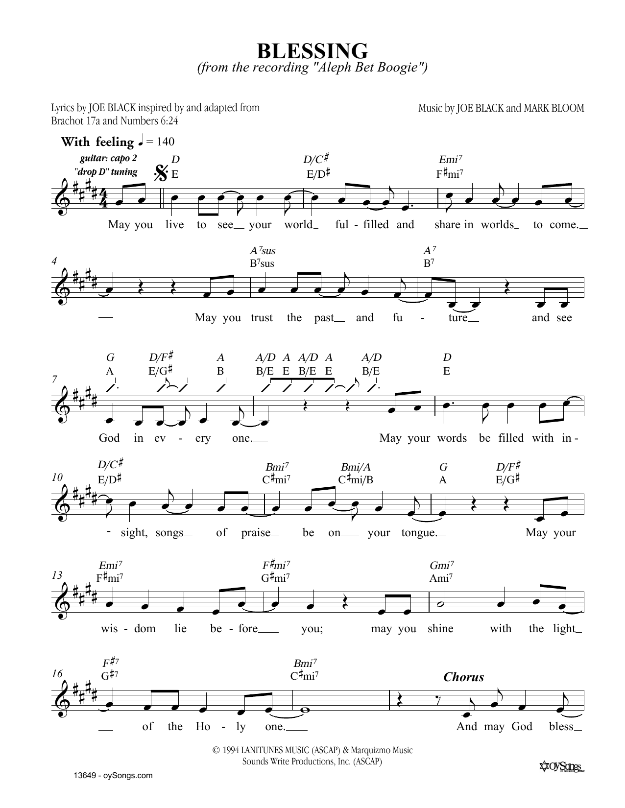 Download Joe Black Blessing Sheet Music and learn how to play Melody Line, Lyrics & Chords PDF digital score in minutes