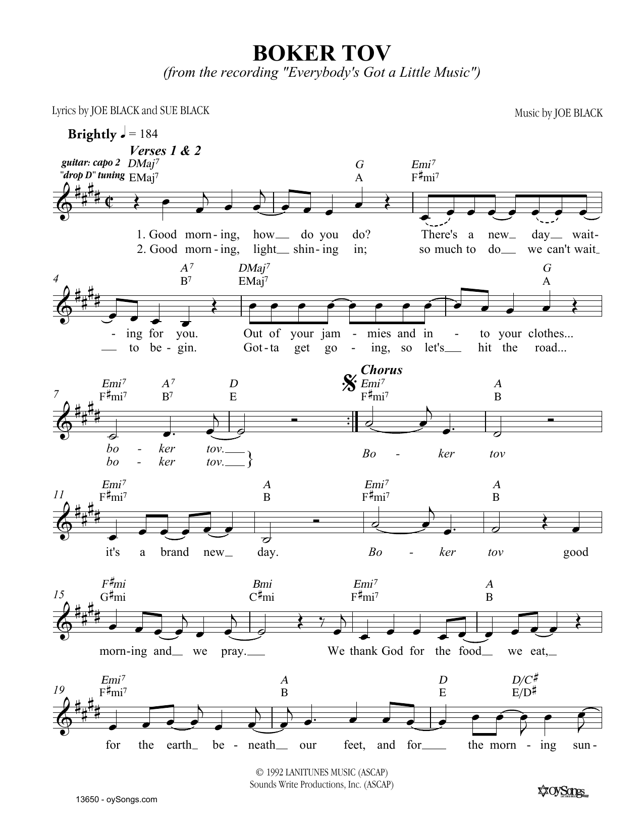 Download Joe Black Boker Tov Sheet Music and learn how to play Melody Line, Lyrics & Chords PDF digital score in minutes