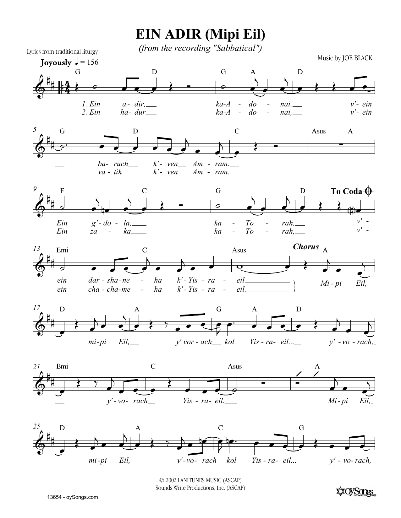 Download Joe Black Ein Adir Sheet Music and learn how to play Melody Line, Lyrics & Chords PDF digital score in minutes