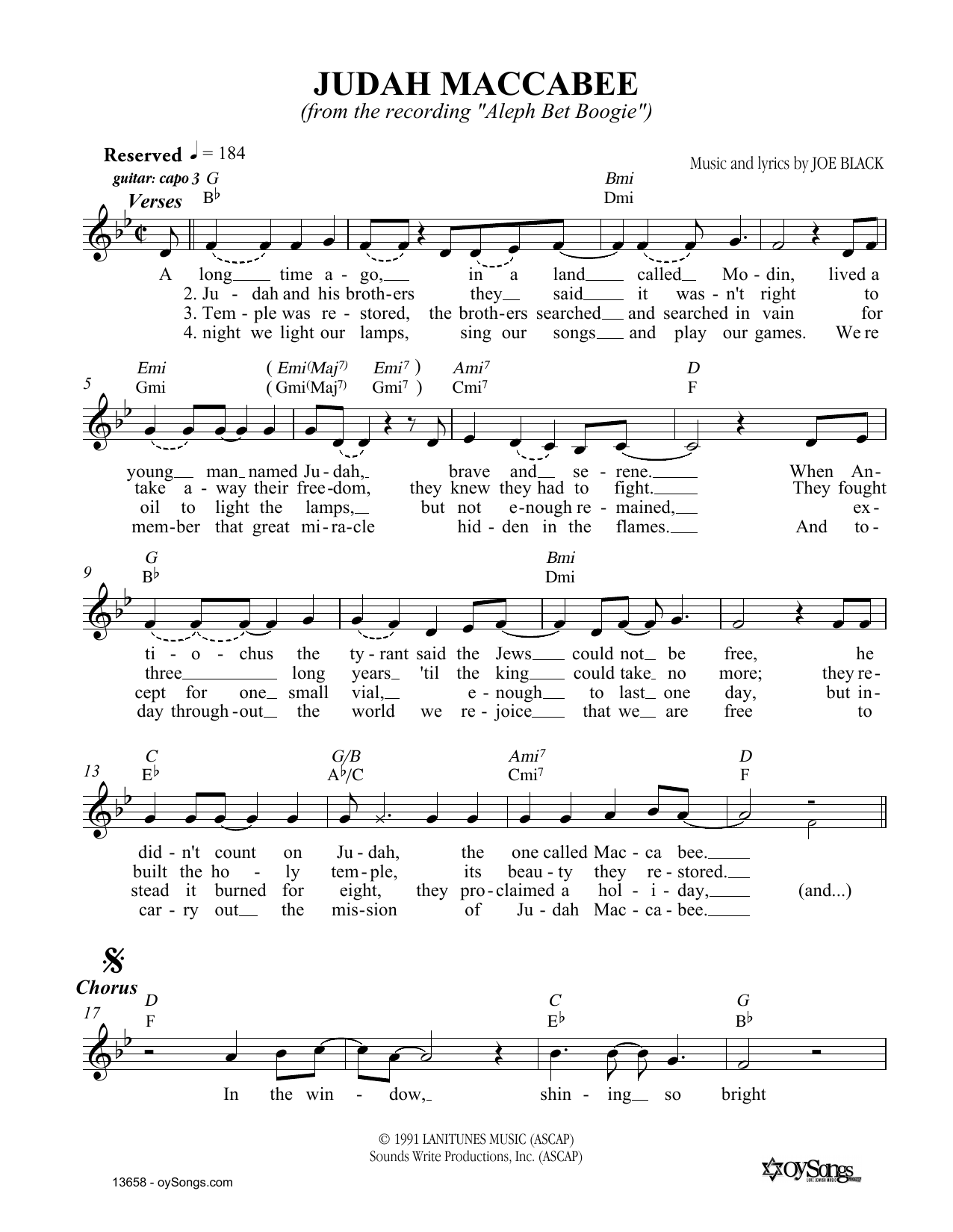 Download Joe Black Judah Maccabee Sheet Music and learn how to play Melody Line, Lyrics & Chords PDF digital score in minutes