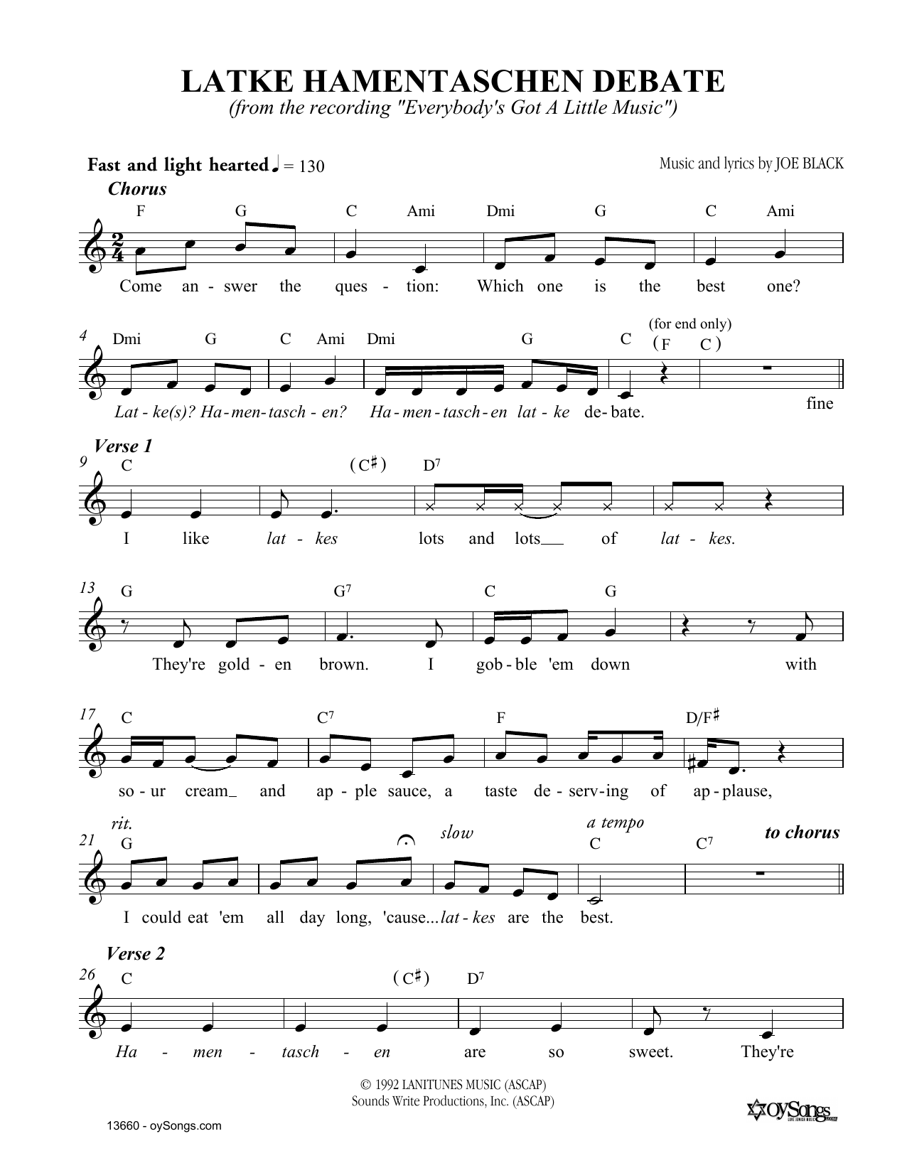 Download Joe Black Latke Hamentaschen Debate Sheet Music and learn how to play Melody Line, Lyrics & Chords PDF digital score in minutes