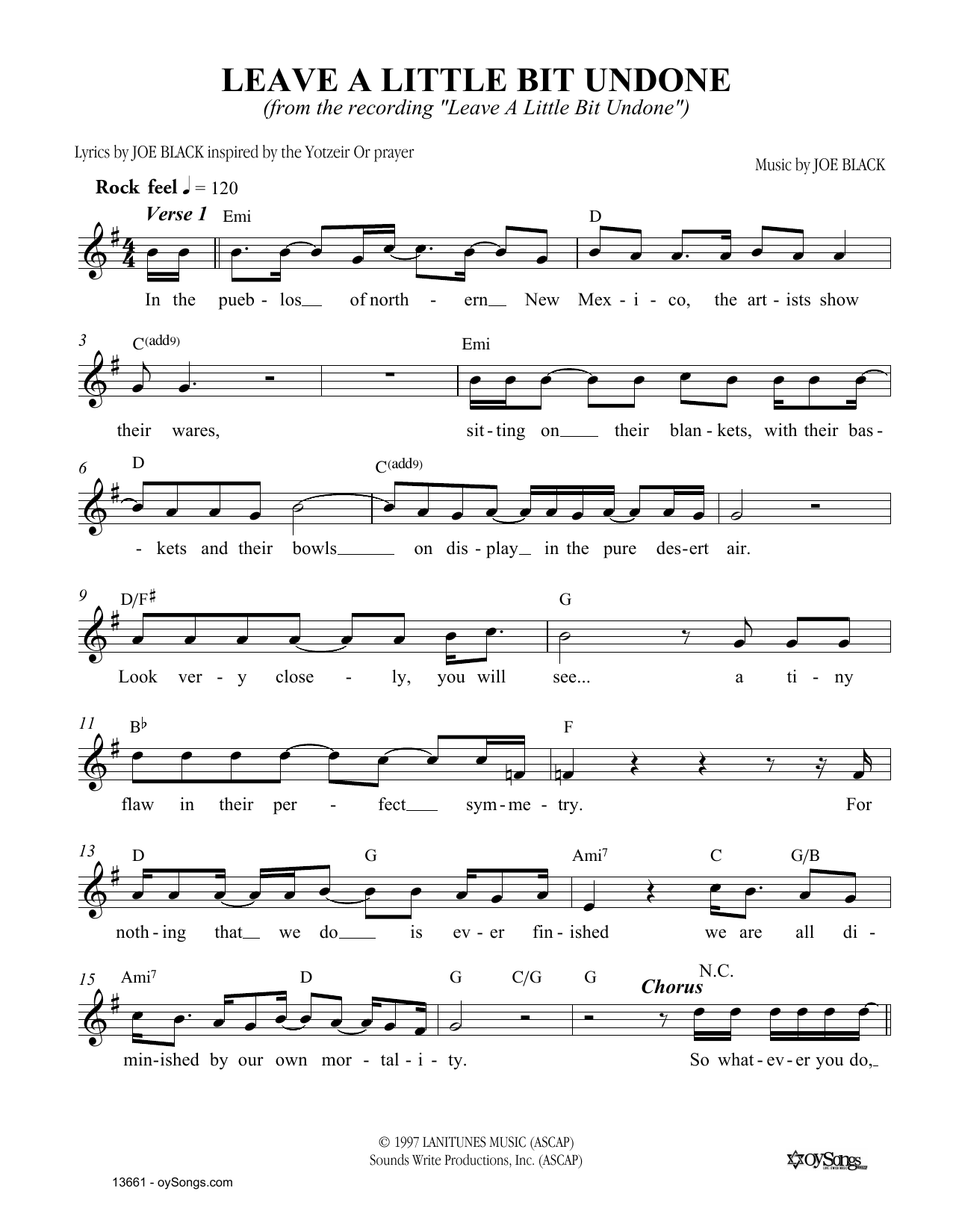 Download Joe Black Leave A Little Bit Undone Sheet Music and learn how to play Melody Line, Lyrics & Chords PDF digital score in minutes