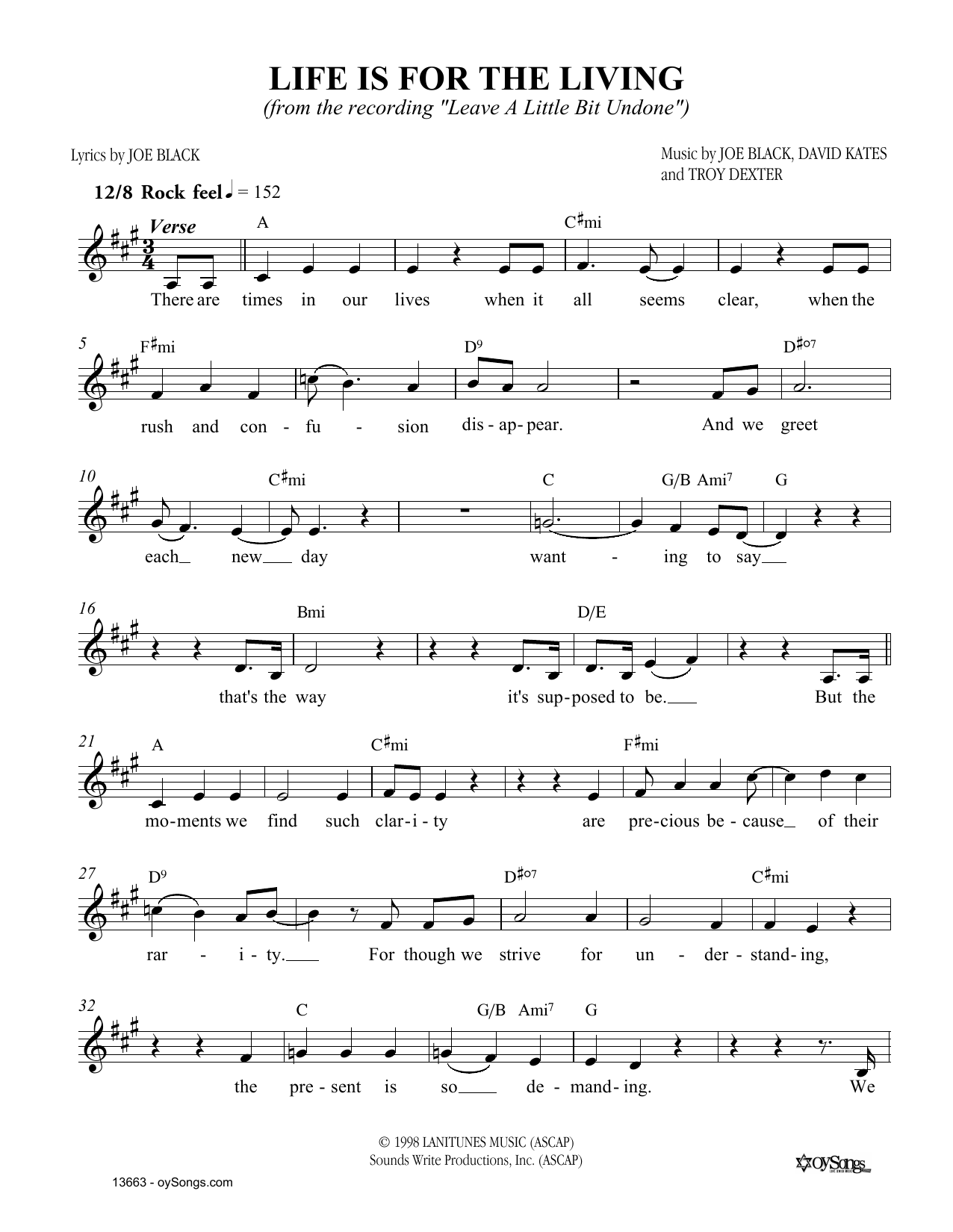Download Joe Black Life Is For The Living Sheet Music and learn how to play Melody Line, Lyrics & Chords PDF digital score in minutes