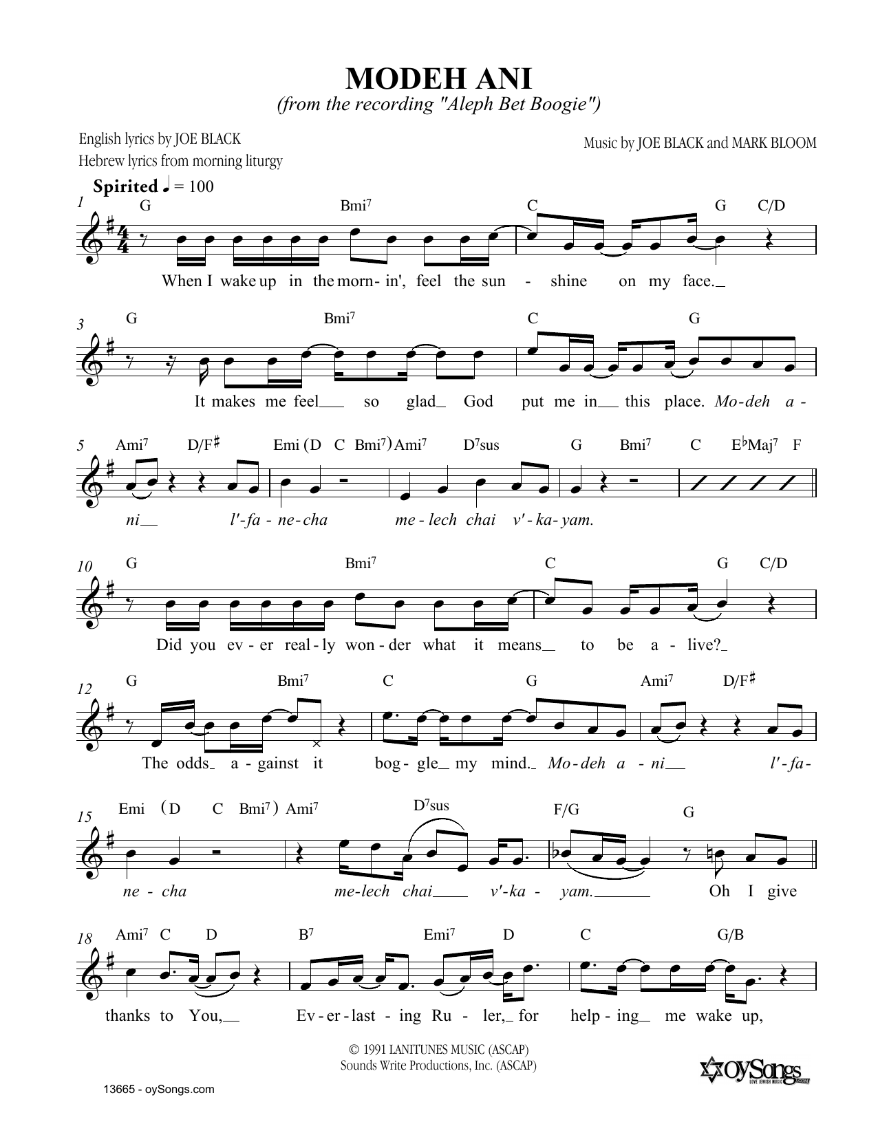 Download Joe Black Modeh Ani Sheet Music and learn how to play Melody Line, Lyrics & Chords PDF digital score in minutes