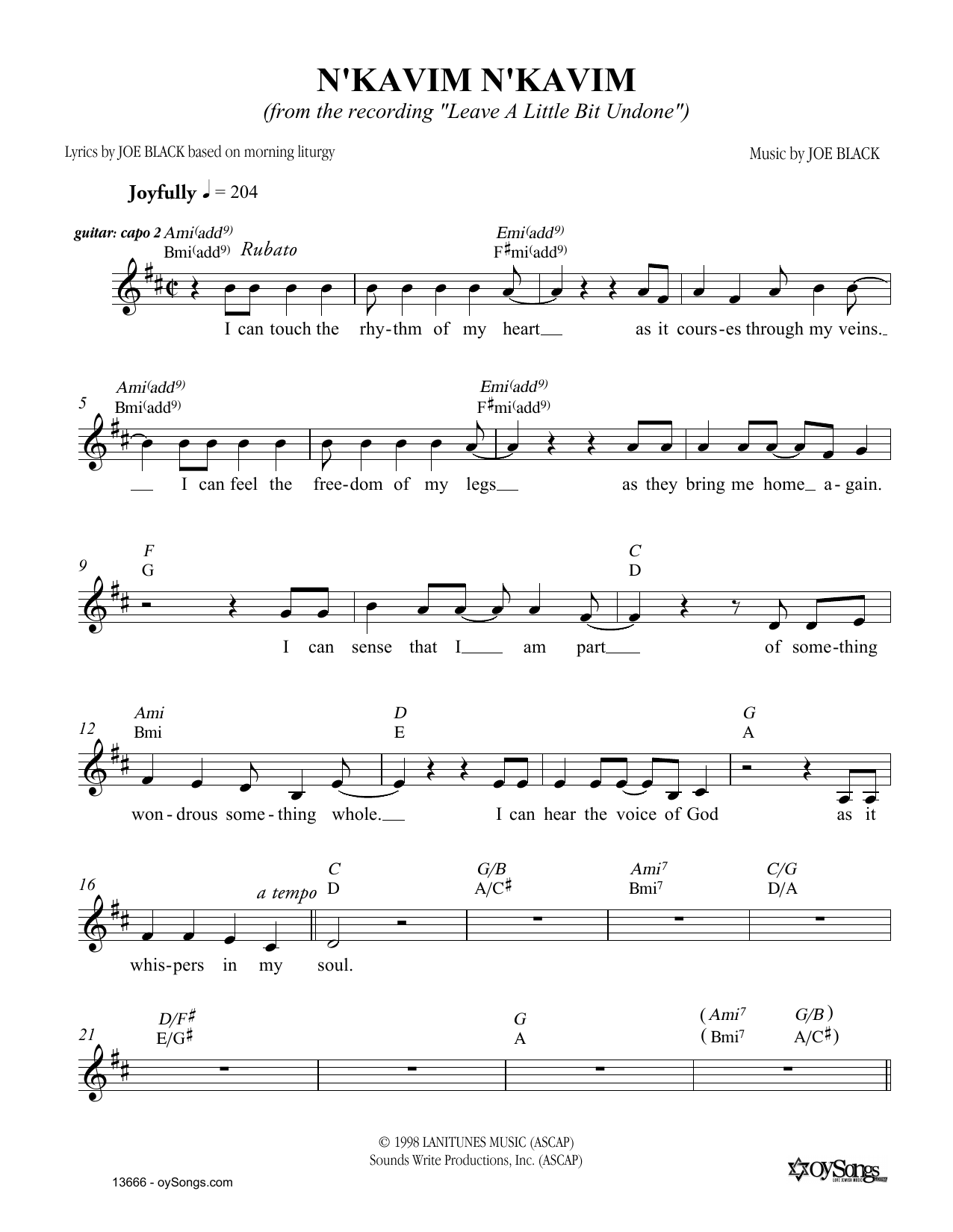 Download Joe Black N'kavim Sheet Music and learn how to play Melody Line, Lyrics & Chords PDF digital score in minutes