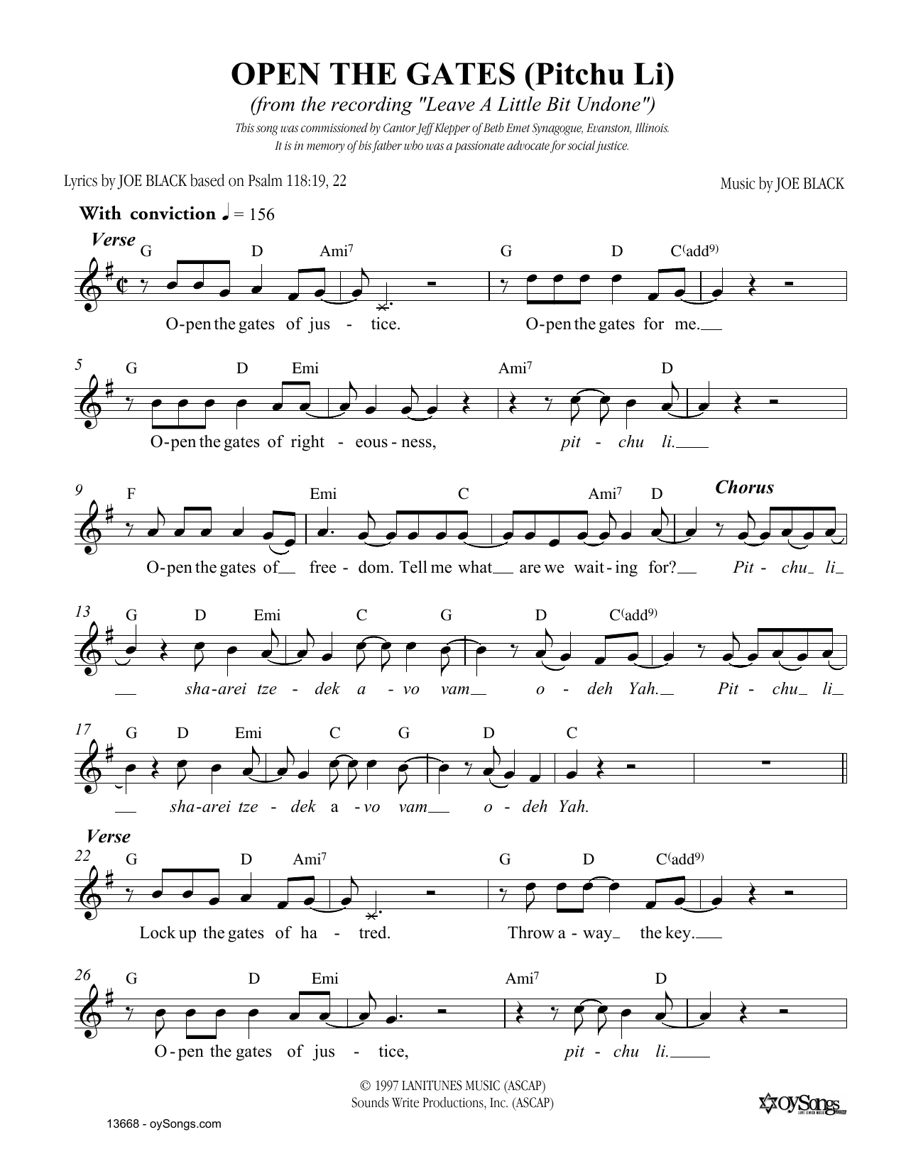 Download Joe Black Open The Gates Sheet Music and learn how to play Melody Line, Lyrics & Chords PDF digital score in minutes