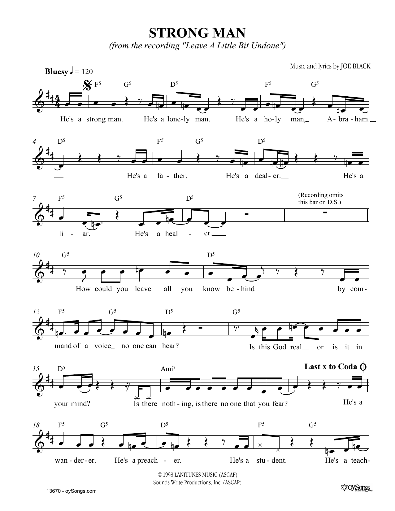 Download Joe Black Strong Man Sheet Music and learn how to play Melody Line, Lyrics & Chords PDF digital score in minutes