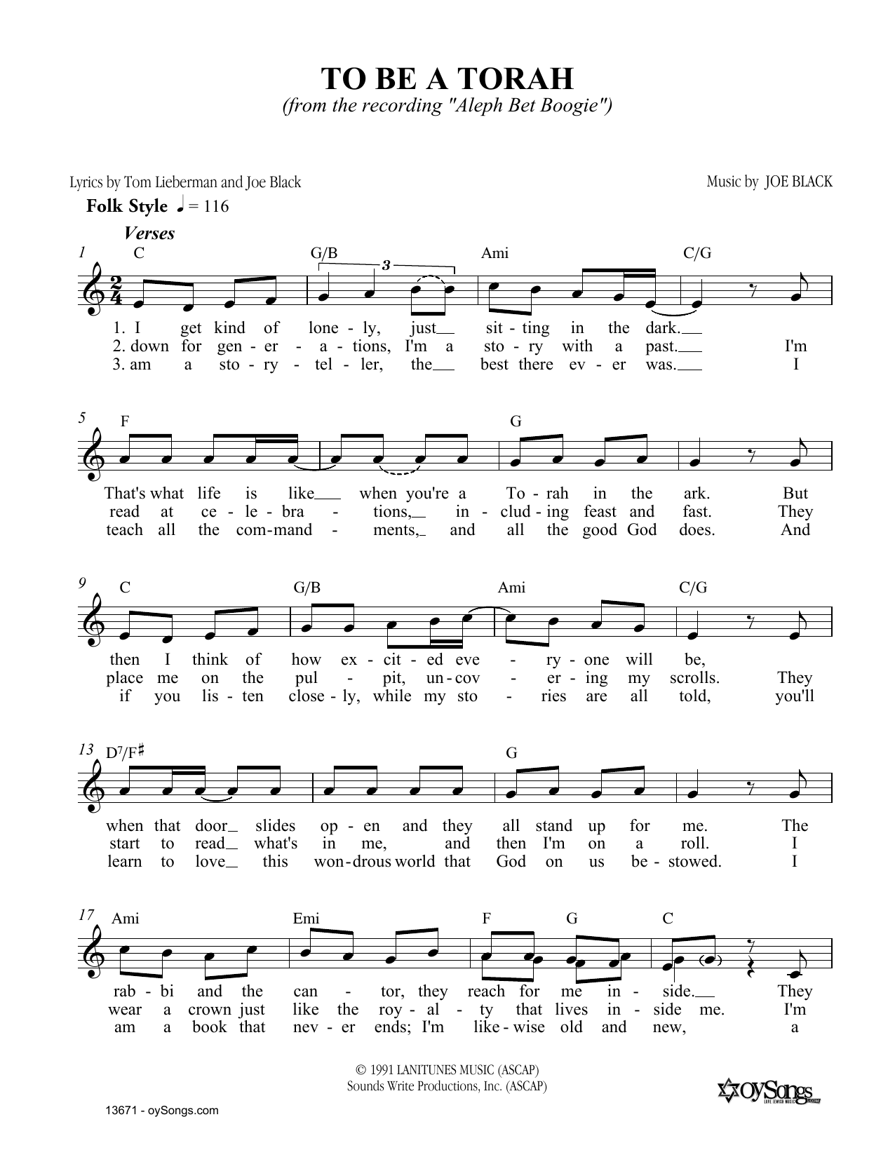 Download Joe Black To Be A Torah Sheet Music and learn how to play Melody Line, Lyrics & Chords PDF digital score in minutes