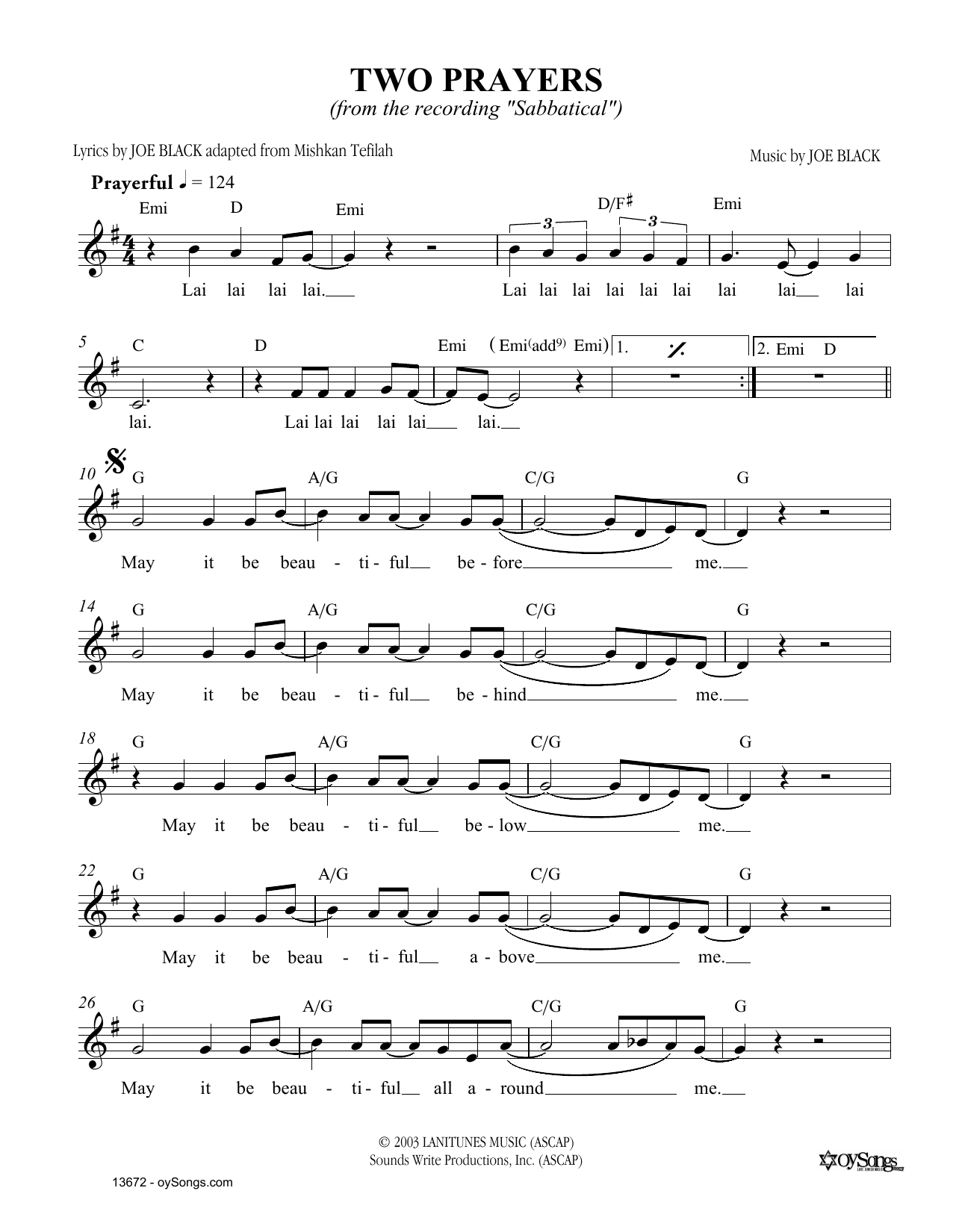 Download Joe Black Two Prayers Sheet Music and learn how to play Melody Line, Lyrics & Chords PDF digital score in minutes