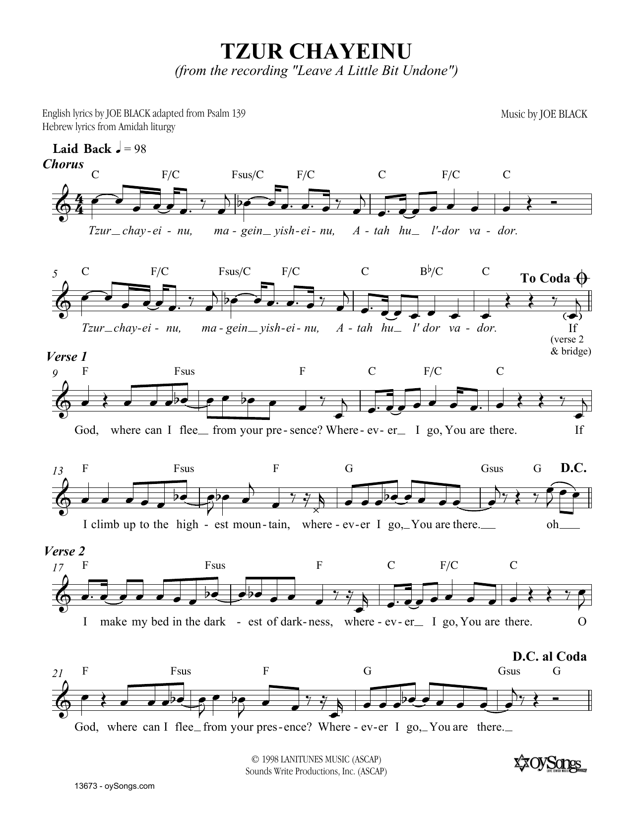 Download Joe Black Tzur Chayeinu Sheet Music and learn how to play Melody Line, Lyrics & Chords PDF digital score in minutes