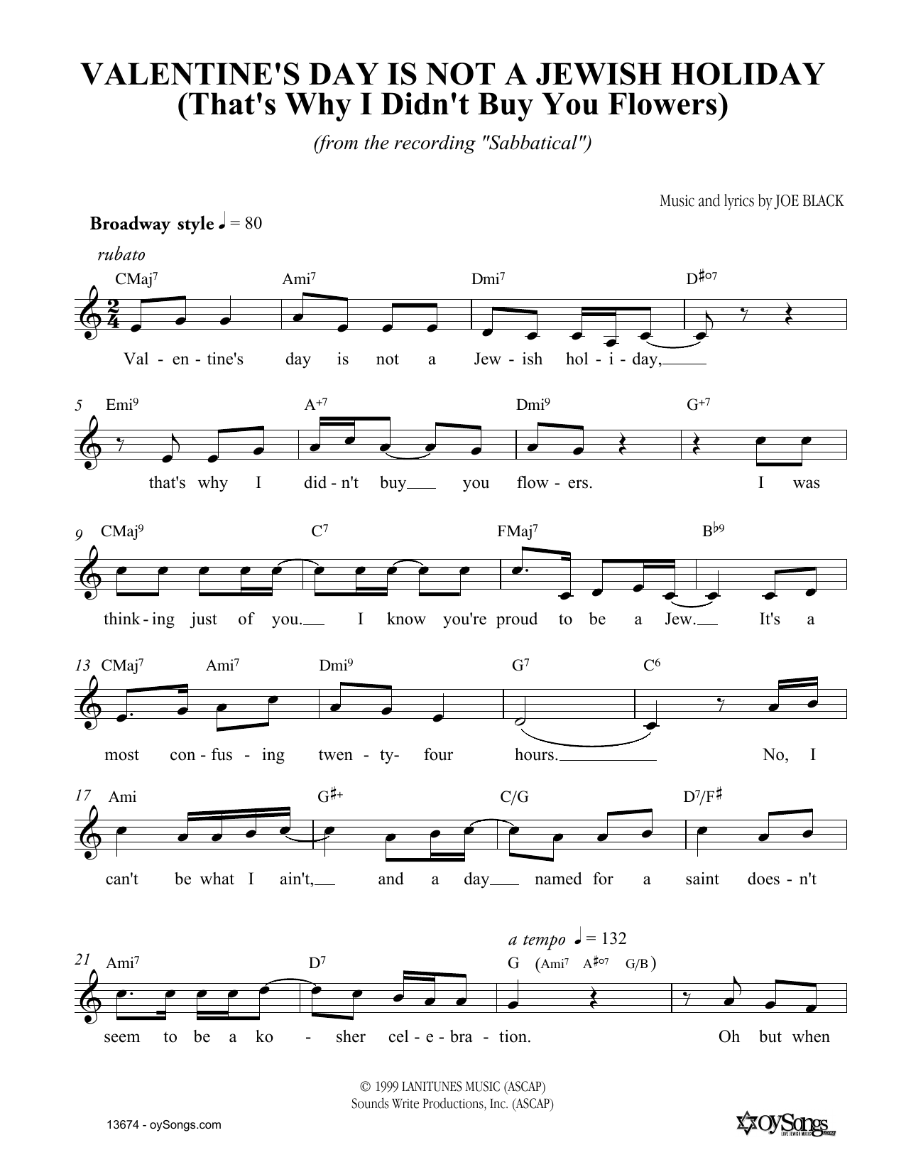 Download Joe Black Valentine's Day Is Not A Jewish Holiday Sheet Music and learn how to play Melody Line, Lyrics & Chords PDF digital score in minutes