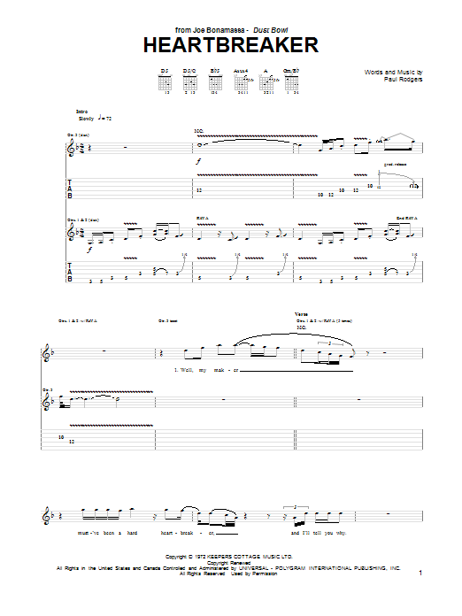 Download Joe Bonamassa Heartbreaker Sheet Music and learn how to play Guitar Tab PDF digital score in minutes