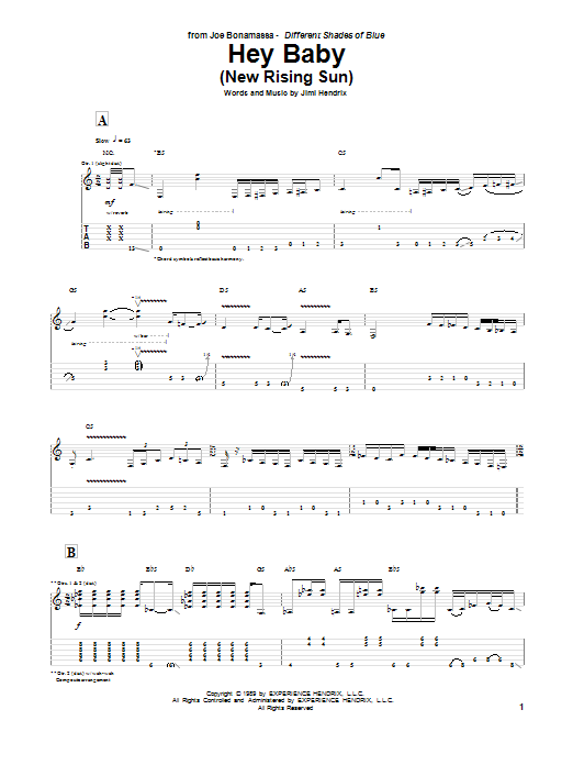 Download Joe Bonamassa Hey Baby (New Rising Sun) Sheet Music and learn how to play Guitar Tab PDF digital score in minutes