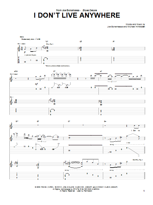 Download Joe Bonamassa I Don't Live Anywhere Sheet Music and learn how to play Guitar Tab PDF digital score in minutes