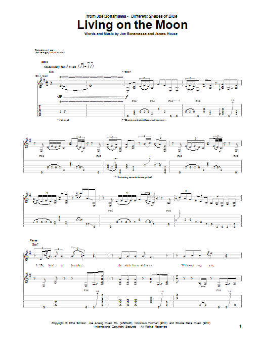 Download Joe Bonamassa Living On The Moon Sheet Music and learn how to play Guitar Tab PDF digital score in minutes