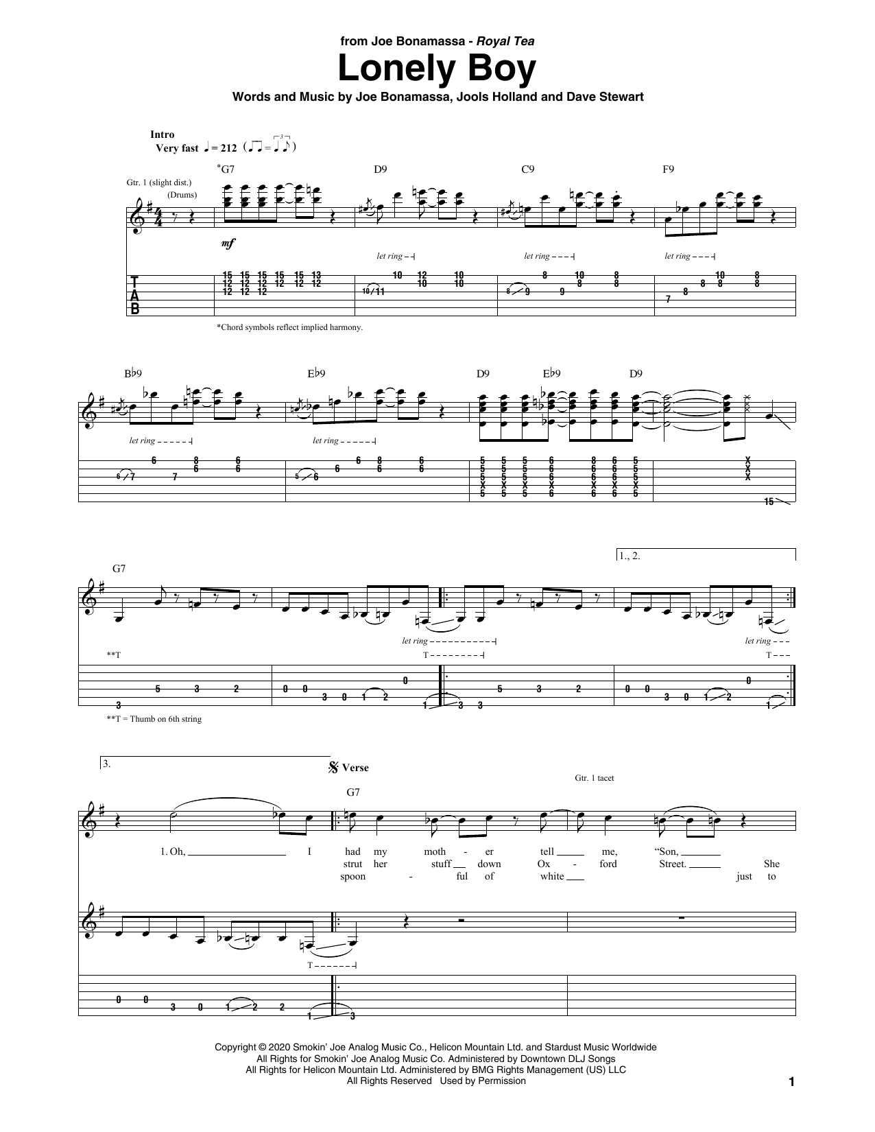 Download Joe Bonamassa Lonely Boy Sheet Music and learn how to play Guitar Tab PDF digital score in minutes