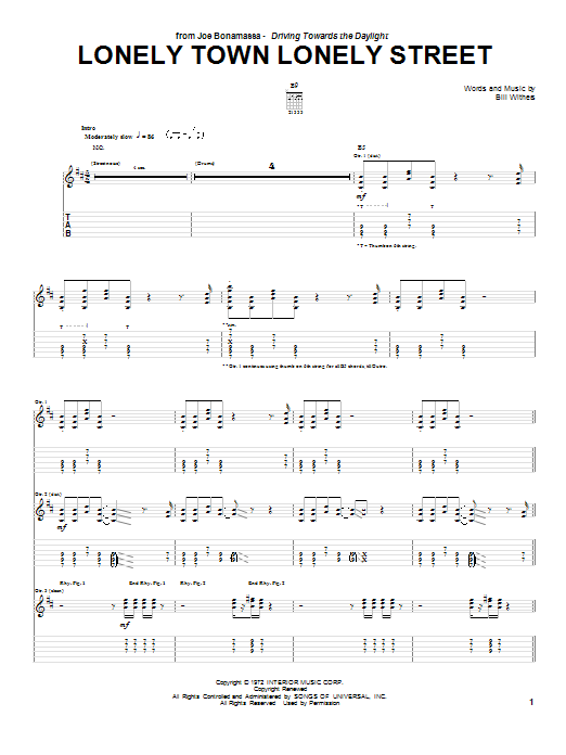 Download Joe Bonamassa Lonely Town Lonely Street Sheet Music and learn how to play Guitar Tab PDF digital score in minutes