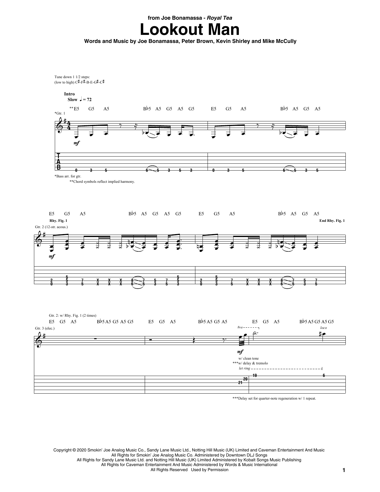 Download Joe Bonamassa Lookout Man Sheet Music and learn how to play Guitar Tab PDF digital score in minutes