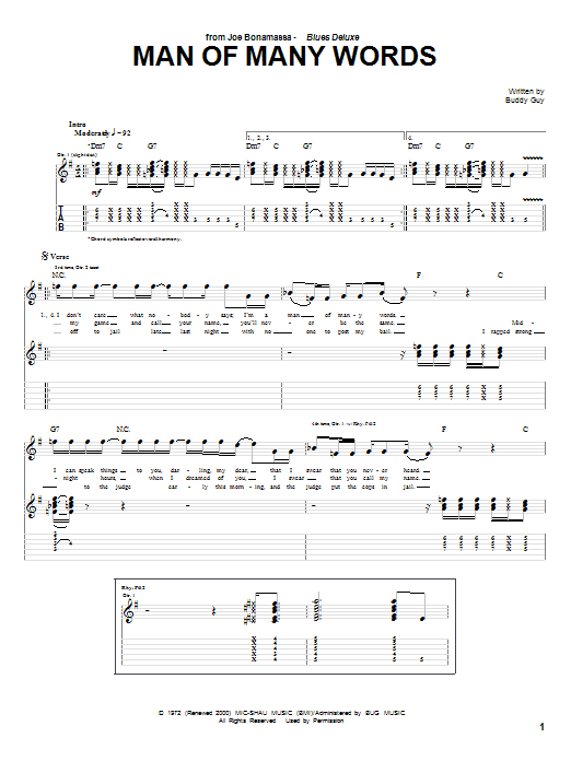 Download Joe Bonamassa Man Of Many Words Sheet Music and learn how to play Guitar Tab PDF digital score in minutes