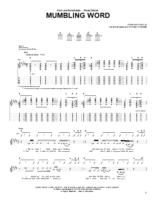 Download Joe Bonamassa Mumbling Word Sheet Music and learn how to play Guitar Tab PDF digital score in minutes