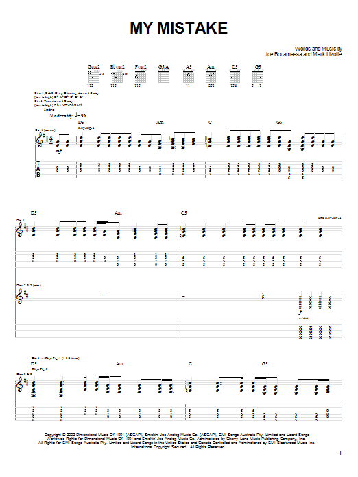 Download Joe Bonamassa My Mistake Sheet Music and learn how to play Guitar Tab PDF digital score in minutes