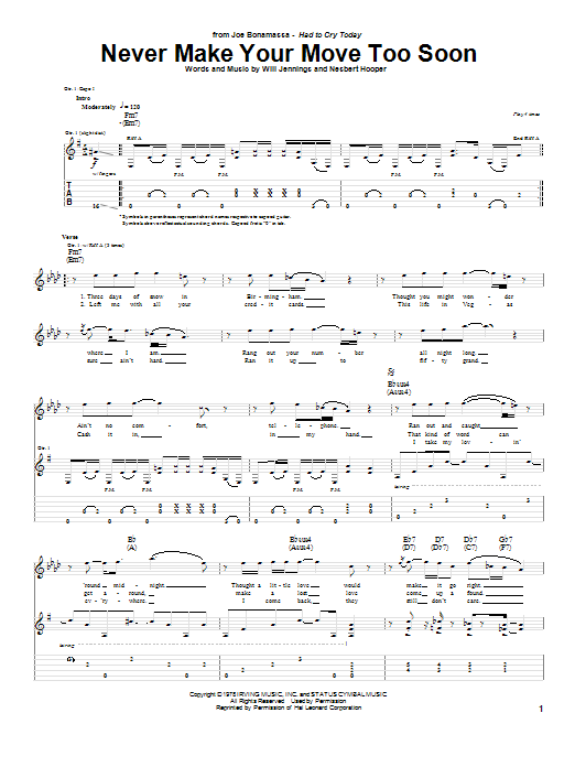 Download Joe Bonamassa Never Make Your Move Too Soon Sheet Music and learn how to play Guitar Tab PDF digital score in minutes