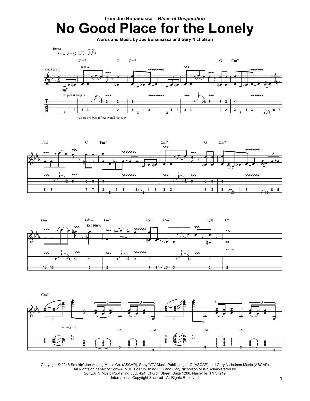 Download Joe Bonamassa No Good Place For The Lonely Sheet Music and learn how to play Guitar Tab PDF digital score in minutes