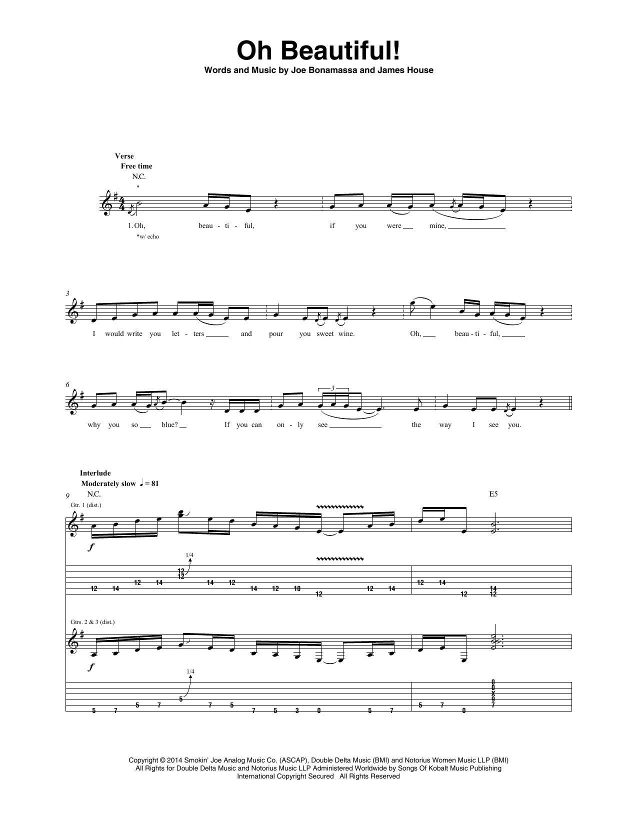 Download Joe Bonamassa Oh Beautiful! Sheet Music and learn how to play Guitar Tab PDF digital score in minutes