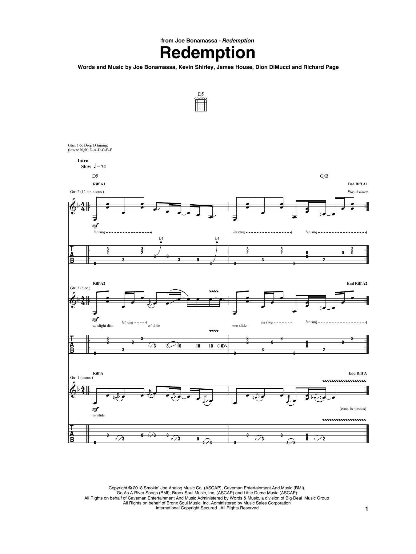 Download Joe Bonamassa Redemption Sheet Music and learn how to play Guitar Tab PDF digital score in minutes
