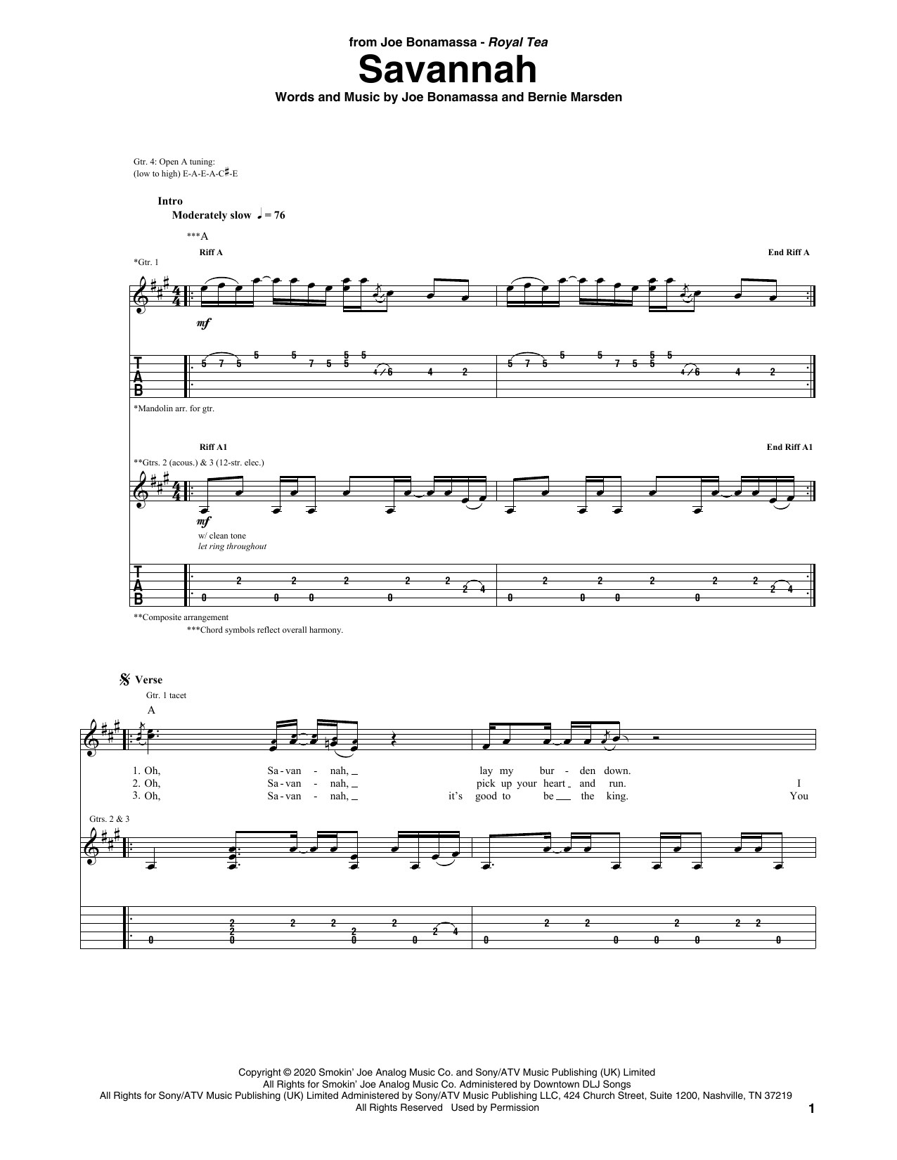 Download Joe Bonamassa Savannah Sheet Music and learn how to play Guitar Tab PDF digital score in minutes