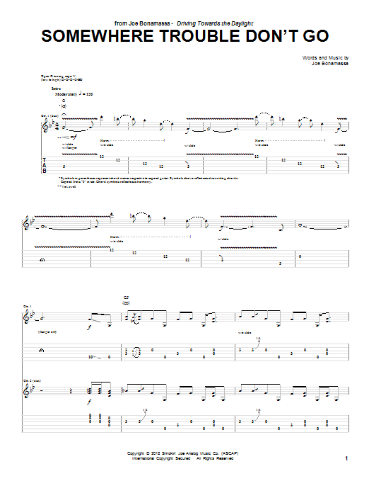Download Joe Bonamassa Somewhere Trouble Don't Go Sheet Music and learn how to play Guitar Tab PDF digital score in minutes