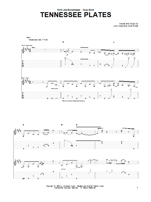 Download Joe Bonamassa Tennessee Plates Sheet Music and learn how to play Guitar Tab PDF digital score in minutes
