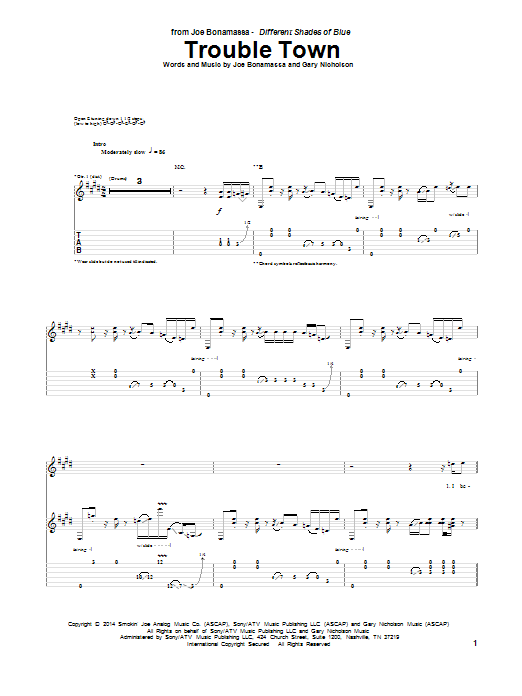 Download Joe Bonamassa Trouble Town Sheet Music and learn how to play Guitar Tab PDF digital score in minutes