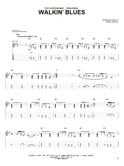 Download Joe Bonamassa Walkin' Blues Sheet Music and learn how to play Guitar Tab PDF digital score in minutes