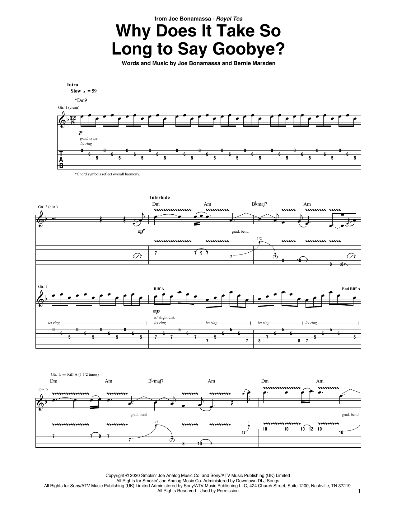 Download Joe Bonamassa Why Does It Take So Long To Say Goodbye? Sheet Music and learn how to play Guitar Tab PDF digital score in minutes