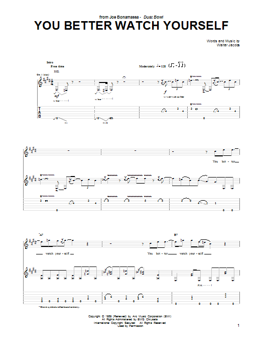 Download Joe Bonamassa You Better Watch Yourself Sheet Music and learn how to play Guitar Tab PDF digital score in minutes