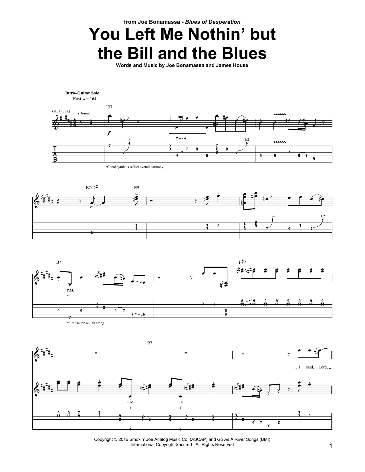 Download Joe Bonamassa You Left Me Nothin' But The Bill And The Blues Sheet Music and learn how to play Guitar Tab PDF digital score in minutes