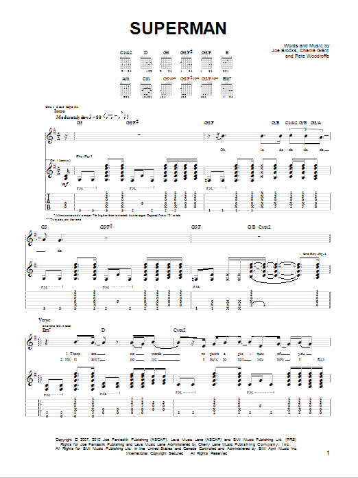 Download Joe Brooks Superman Sheet Music and learn how to play Guitar Tab PDF digital score in minutes