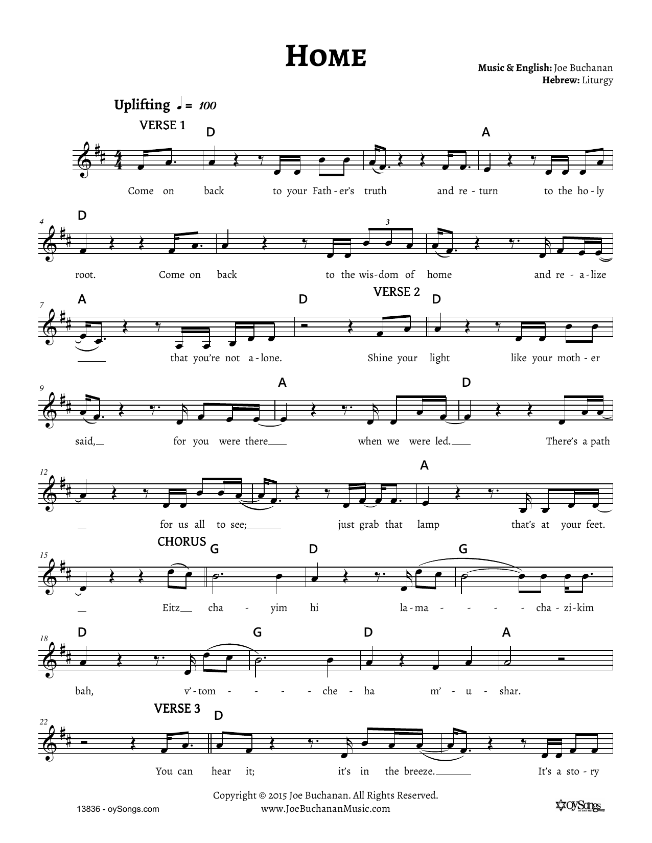 Download Joe Buchanan Home Sheet Music and learn how to play Melody Line, Lyrics & Chords PDF digital score in minutes