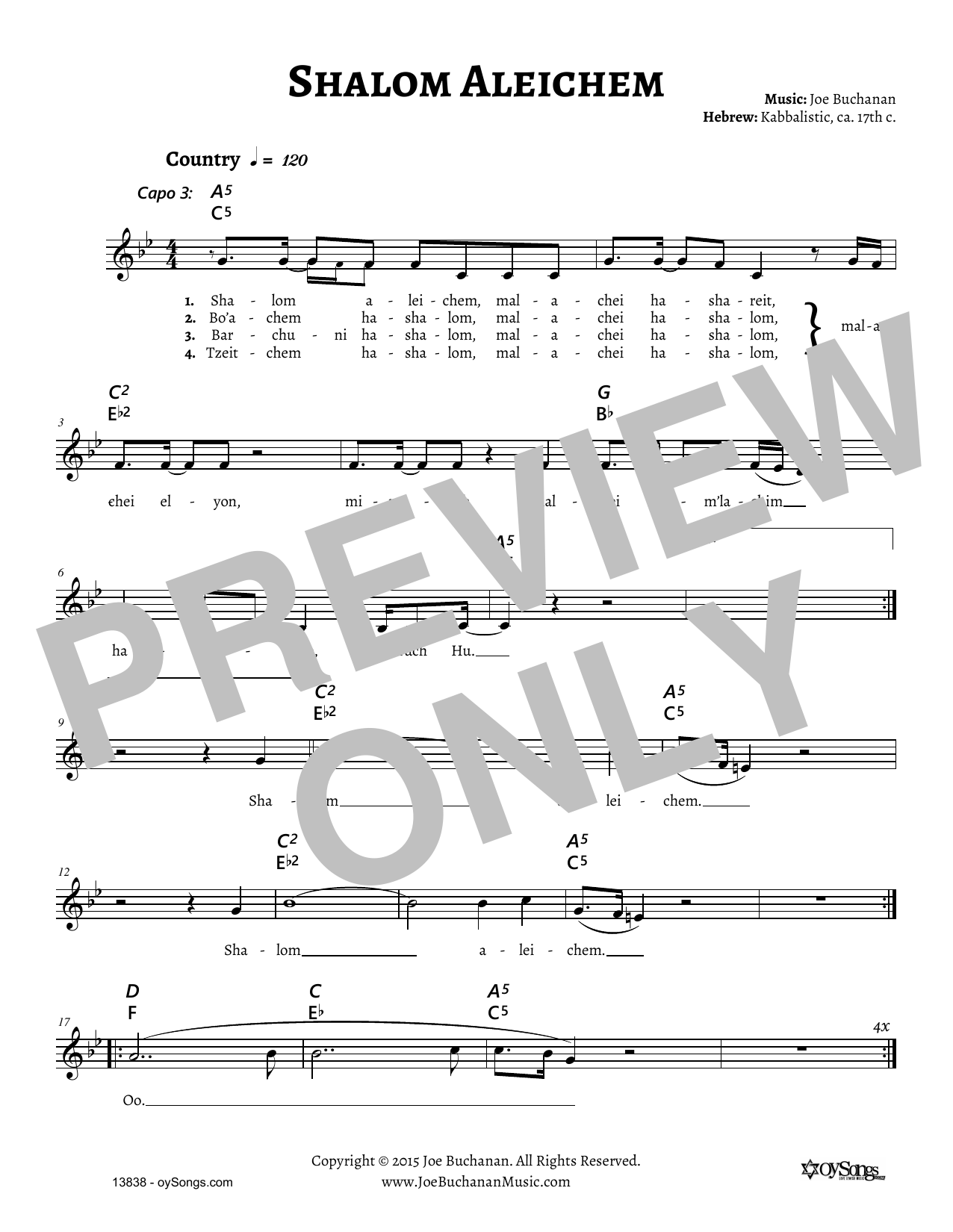 Download Joe Buchanan Shalom Aleichem Sheet Music and learn how to play Melody Line, Lyrics & Chords PDF digital score in minutes