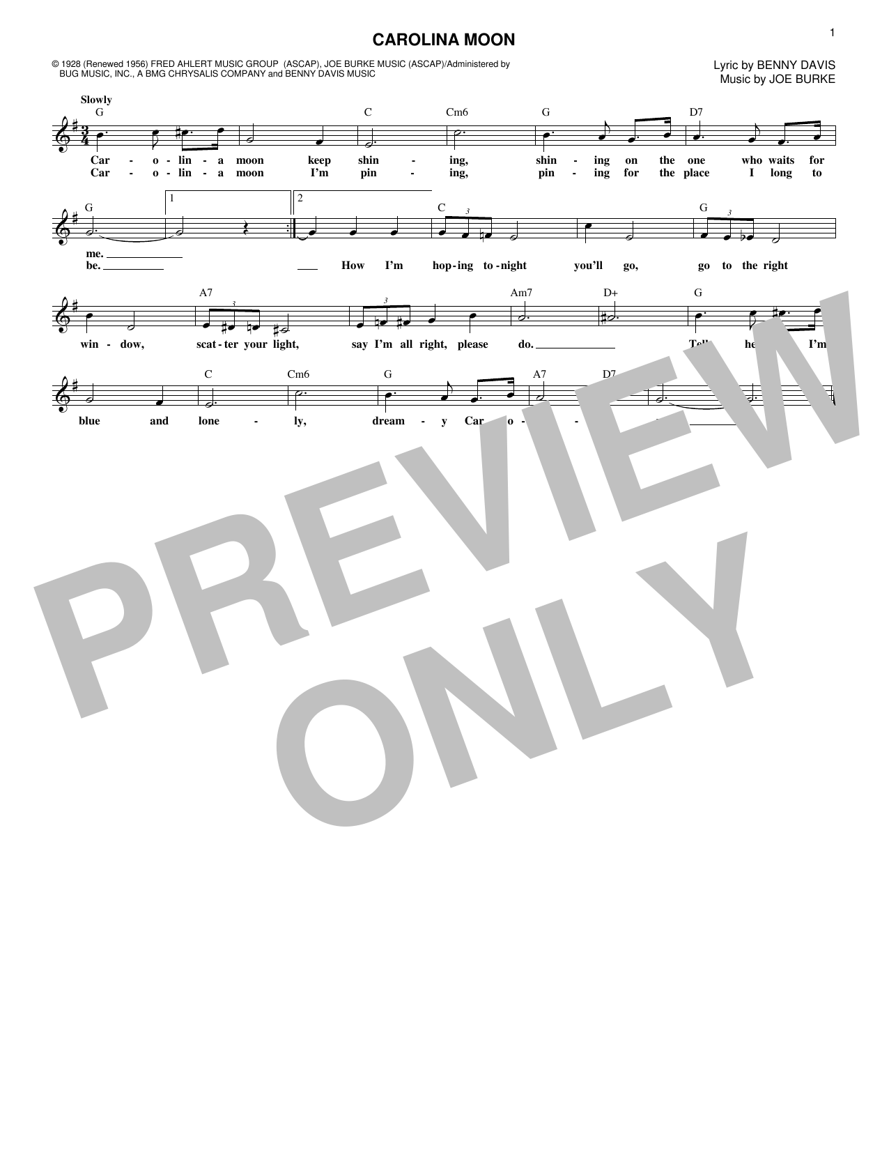 Download Joe Burke Carolina Moon Sheet Music and learn how to play Melody Line, Lyrics & Chords PDF digital score in minutes
