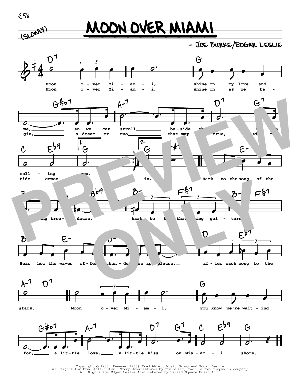 Download Joe Burke Moon Over Miami (High Voice) Sheet Music and learn how to play Real Book – Melody, Lyrics & Chords PDF digital score in minutes