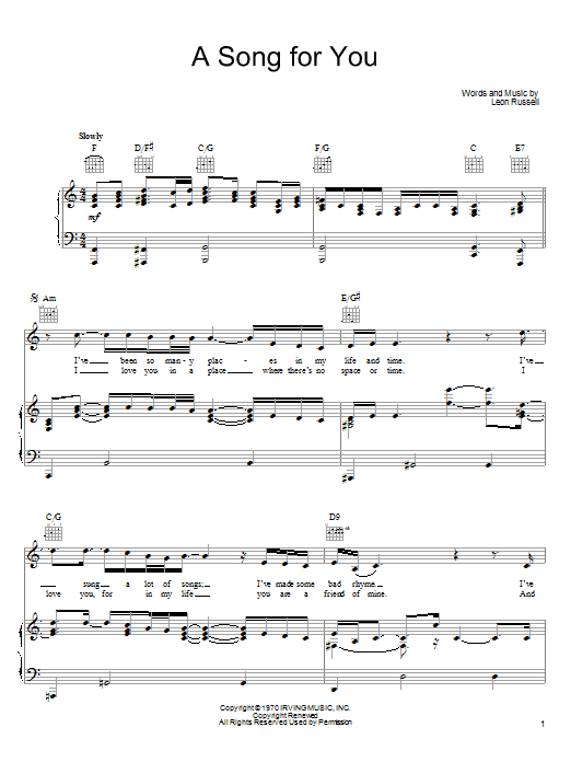 Download Joe Cocker A Song For You Sheet Music and learn how to play Piano, Vocal & Guitar (Right-Hand Melody) PDF digital score in minutes