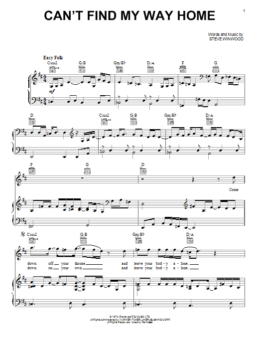 Download Joe Cocker Can't Find My Way Home Sheet Music and learn how to play Piano, Vocal & Guitar (Right-Hand Melody) PDF digital score in minutes