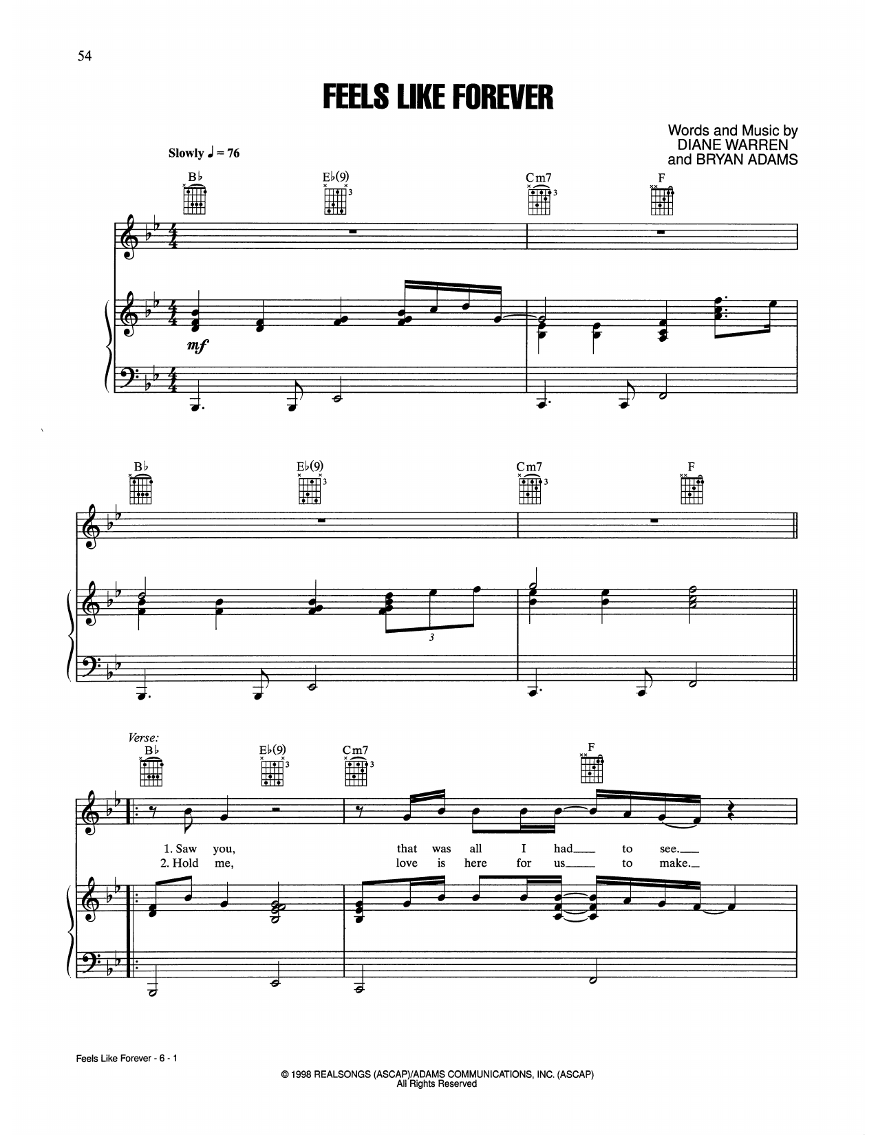 Download Joe Cocker Feels Like Forever Sheet Music and learn how to play Piano, Vocal & Guitar Chords (Right-Hand Melody) PDF digital score in minutes