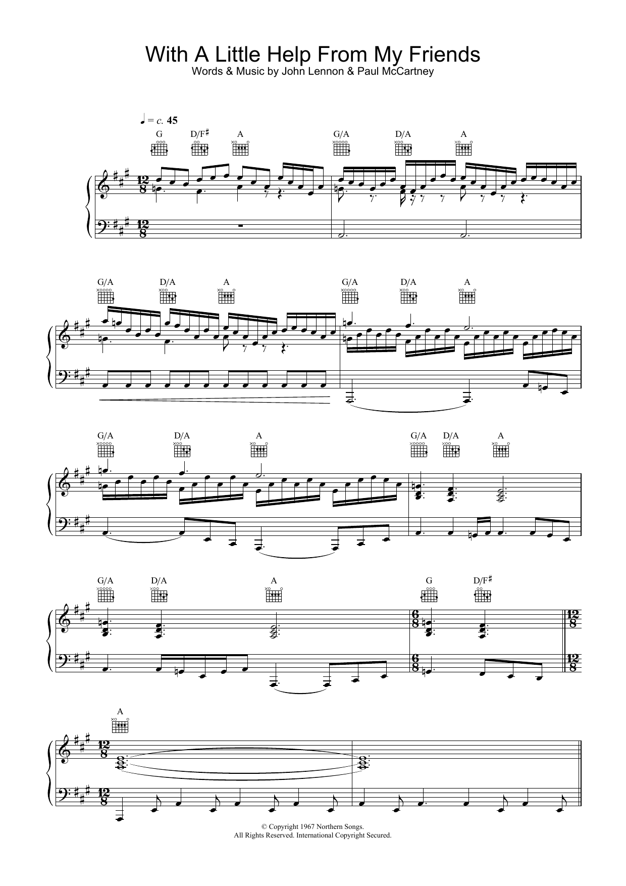 Download Joe Cocker With A Little Help From My Friends Sheet Music and learn how to play Piano, Vocal & Guitar PDF digital score in minutes