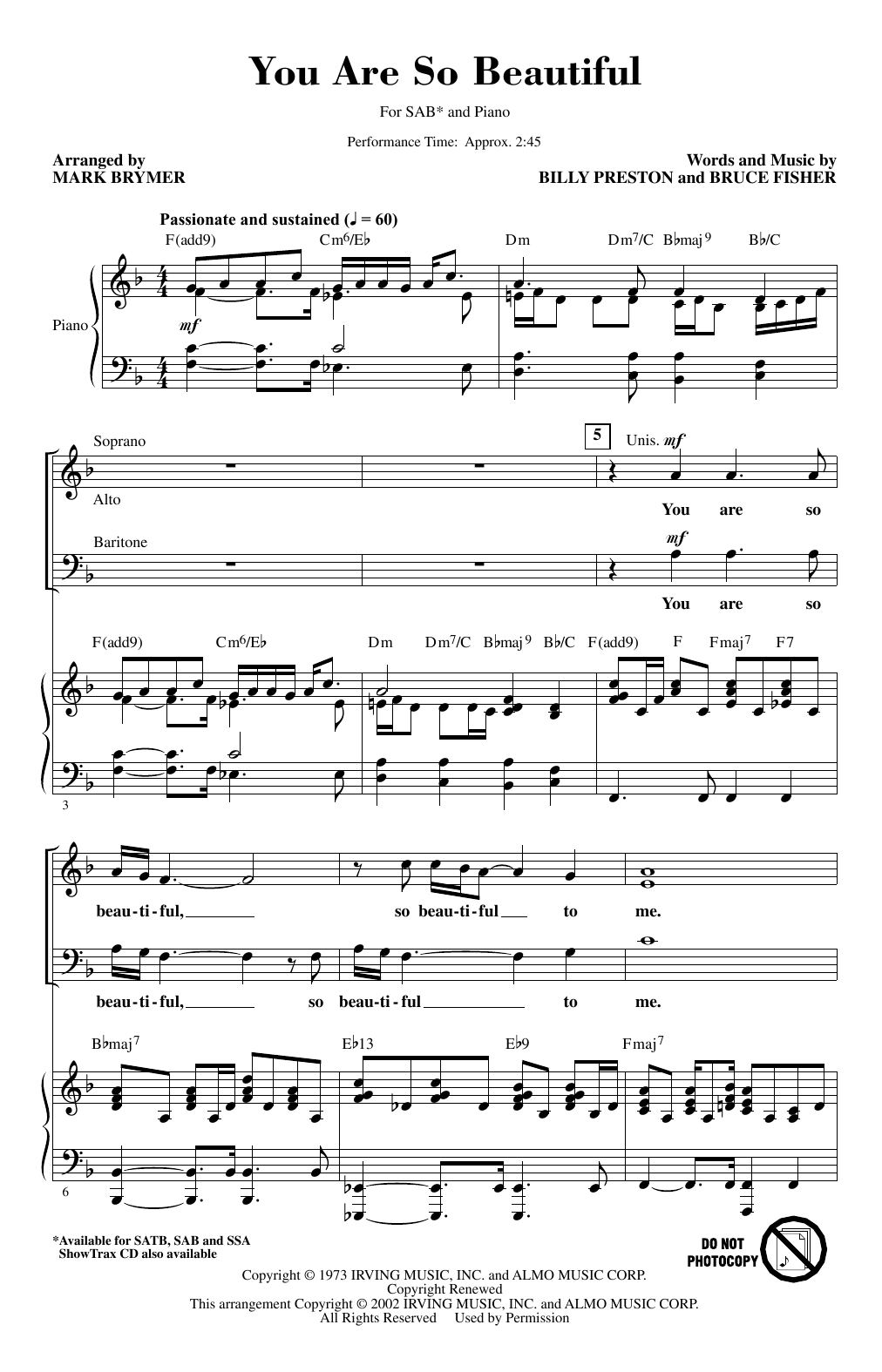 Download Joe Cocker You Are So Beautiful (arr. Mark Brymer) Sheet Music and learn how to play SATB Choir PDF digital score in minutes